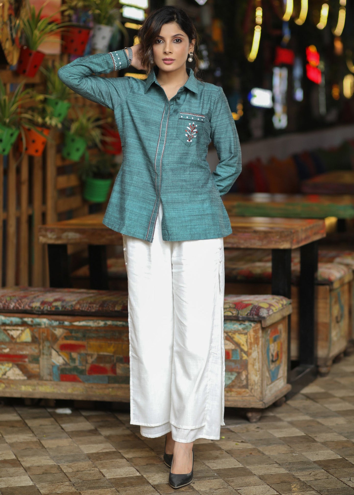 Trendy Cotton Textured Turquoise Casual Shirt with Elegant Embroidery on Pocket & Sleeves