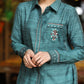 Trendy Cotton Textured Turquoise Casual Shirt with Elegant Embroidery on Pocket & Sleeves