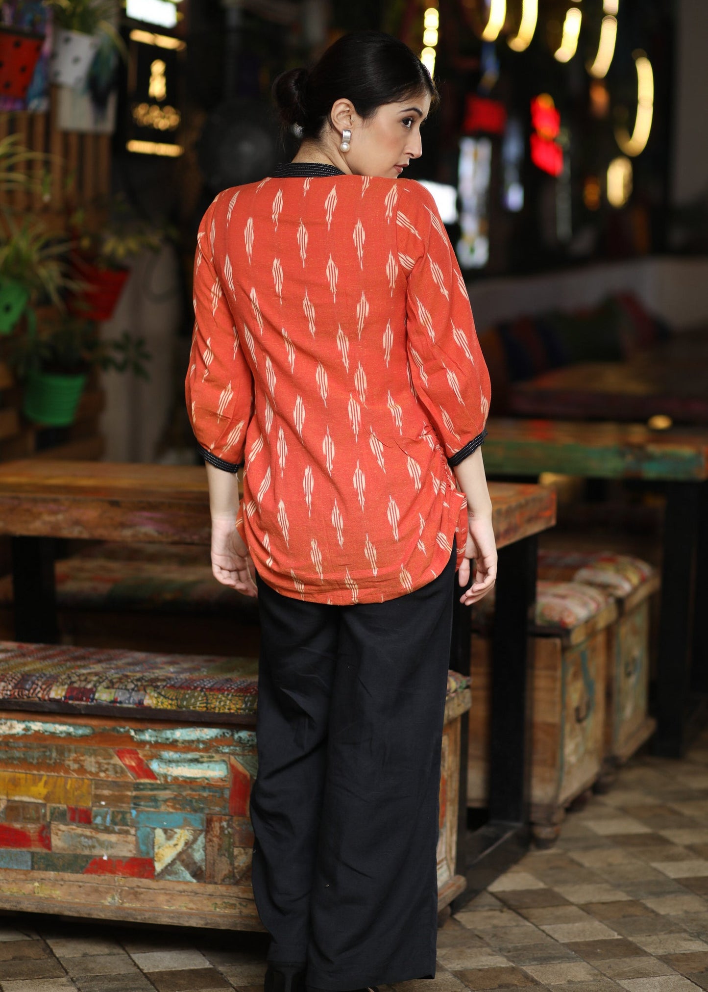 Trendy Orange Cotton Ikat Casual Shirt Highlighted Black Kantha & Mandarin Collar