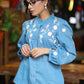 Casual Powder Blue Cotton Shirt with Beautiful Floral Embroidery