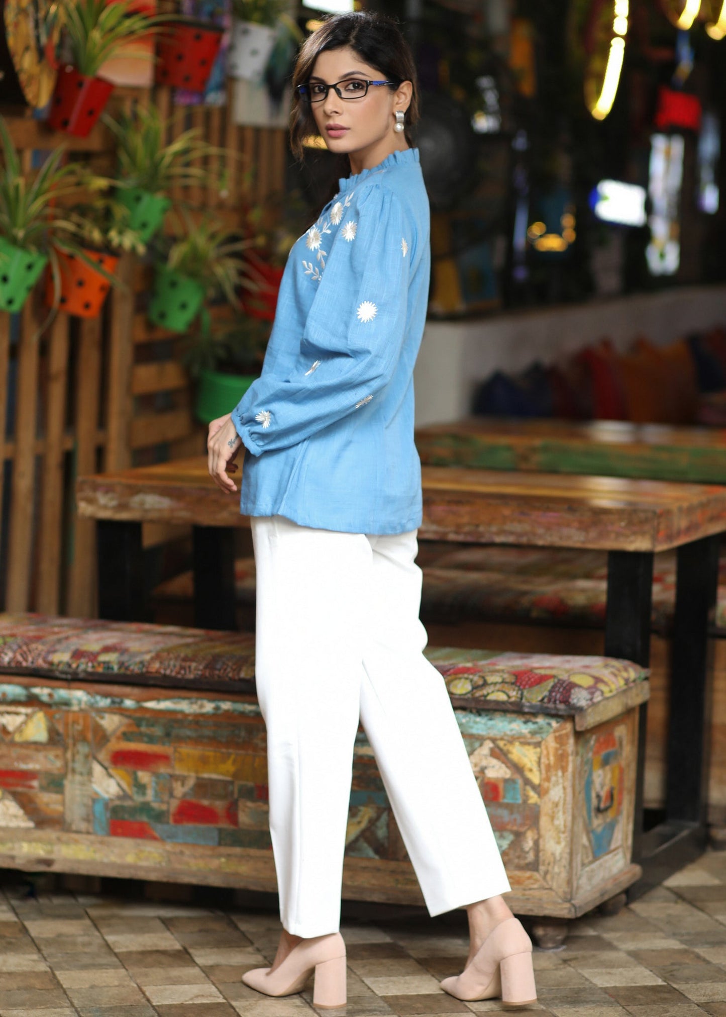 Casual Powder Blue Cotton Shirt with Beautiful Floral Embroidery