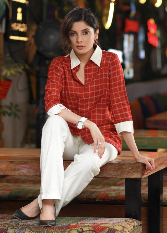 Classy Formal Sweet Red Cotton Checkered Shirt Highlighted with Plain Collar & Cuffs