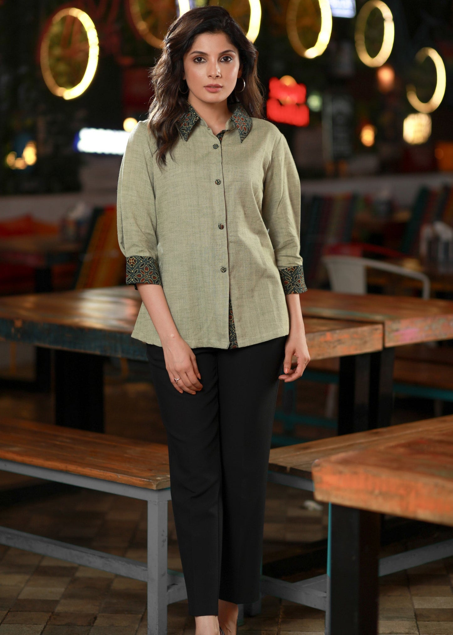 Elegant Mint Green Casual Shirt with Ajrakh Combination with Smart Back