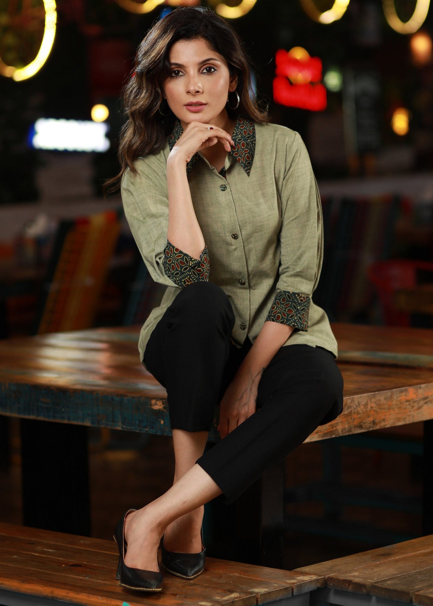 Elegant Mint Green Casual Shirt with Ajrakh Combination with Smart Back