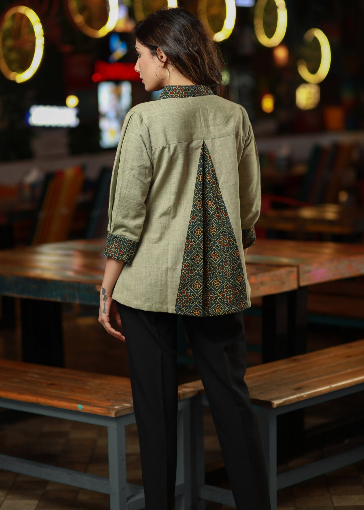 Elegant Mint Green Casual Shirt with Ajrakh Combination with Smart Back