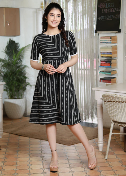 Trendy Black Cotton Ikat Boat Neck Dress