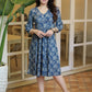 Trendy Ink Blue Floral Gathered Cotton Dress