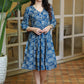 Trendy Ink Blue Floral Gathered Cotton Dress