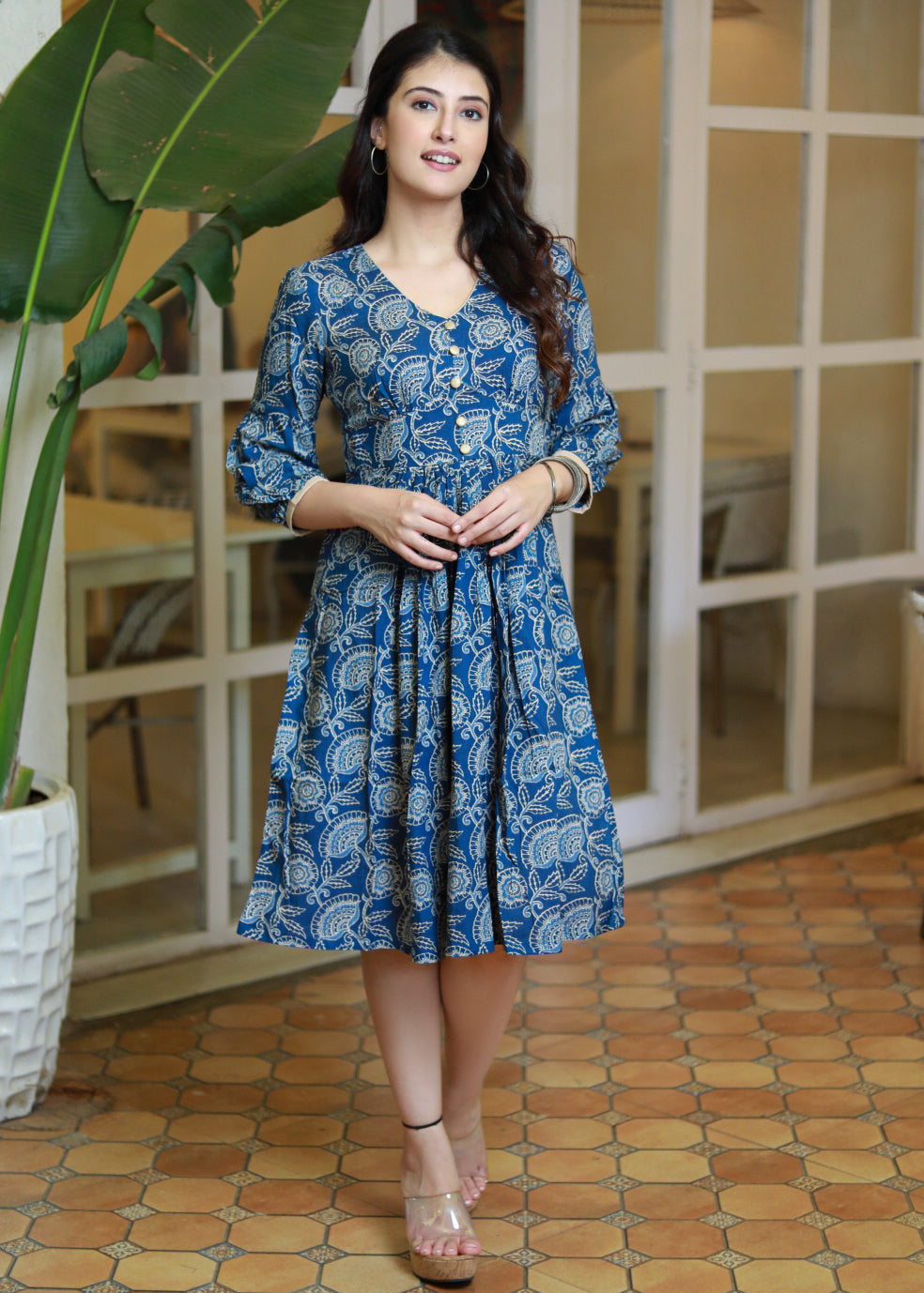 Trendy Ink Blue Floral Gathered Cotton Dress