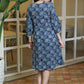 Trendy Ink Blue Floral Gathered Cotton Dress