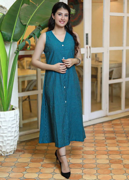 Classy Teal Cotton Striped Ikat Dress