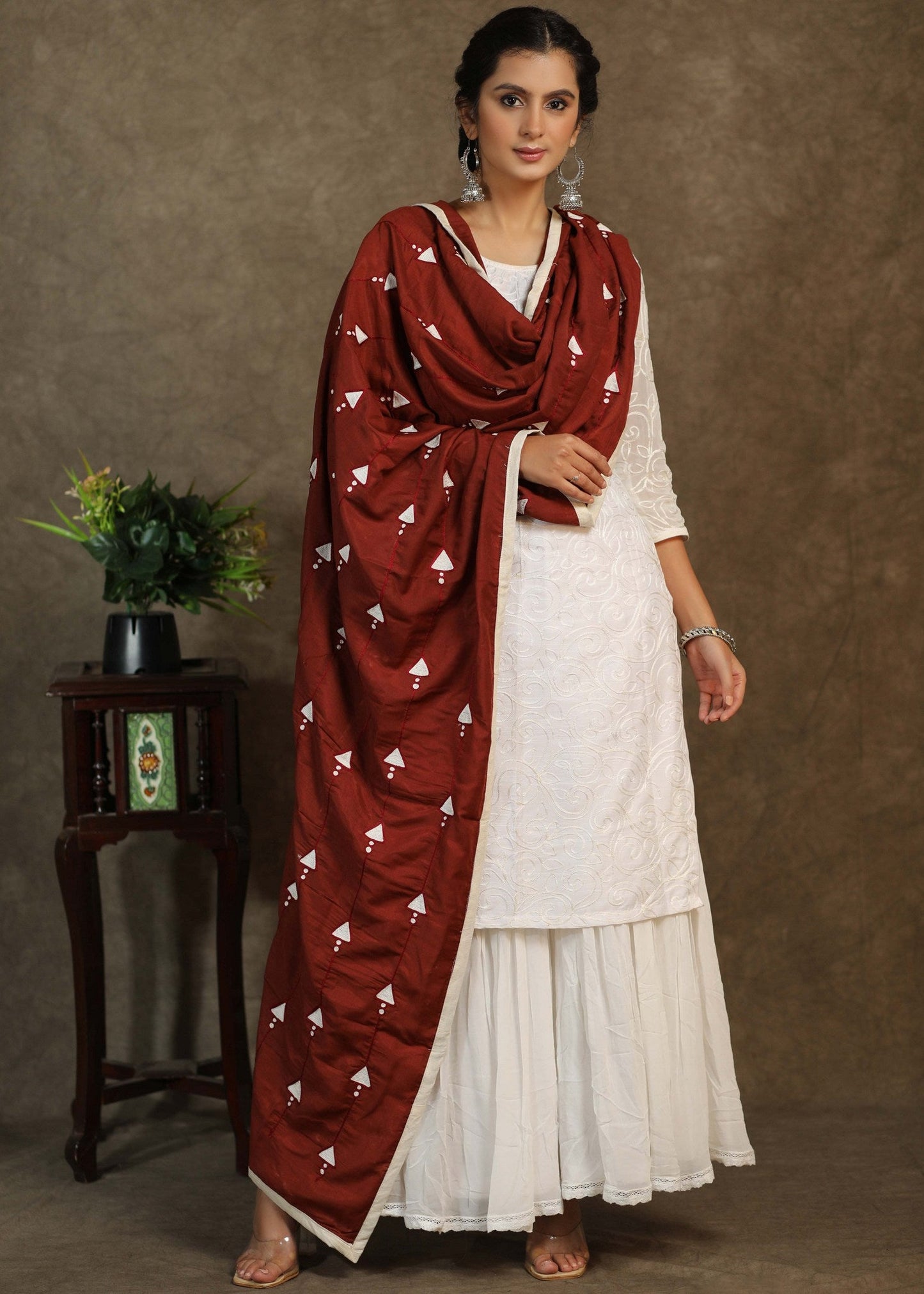 Maroon semi-silk dupatta with elegant embroidery