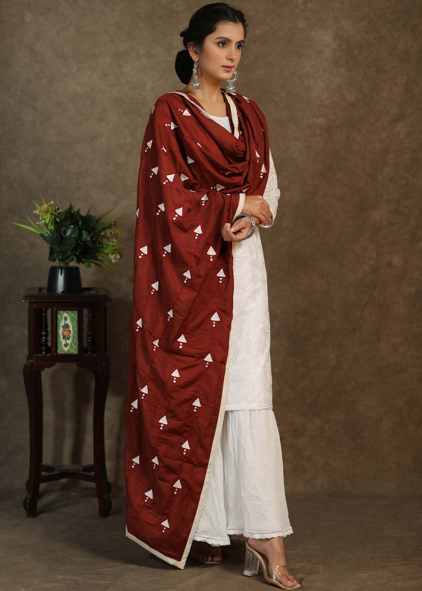 Maroon semi-silk dupatta with elegant embroidery