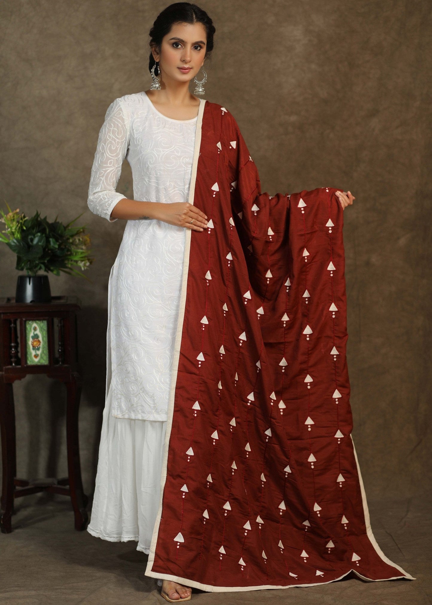 Maroon semi-silk dupatta with elegant embroidery