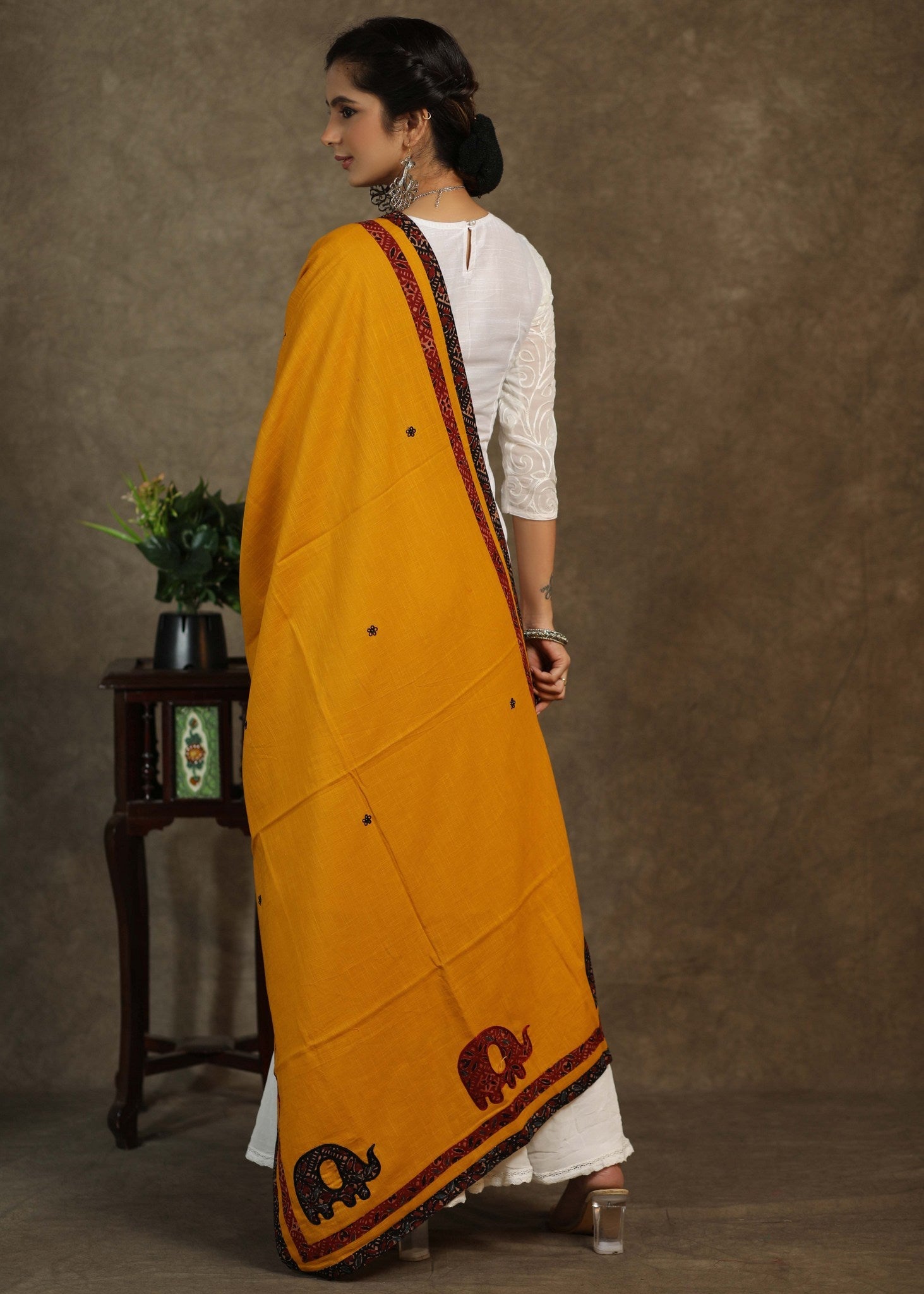 Beautiful mustard dupatta with Ajrakh elephant Applica work