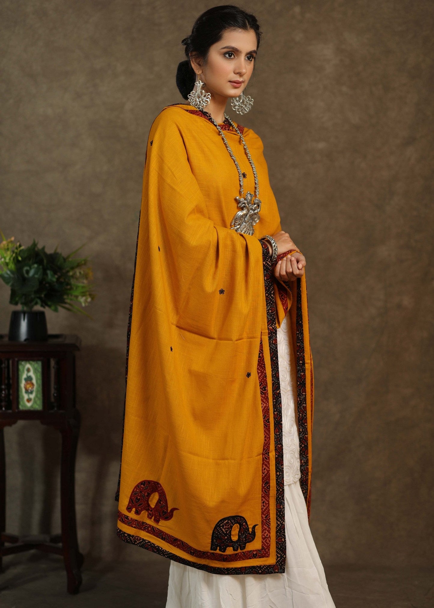 Beautiful mustard dupatta with Ajrakh elephant Applica work