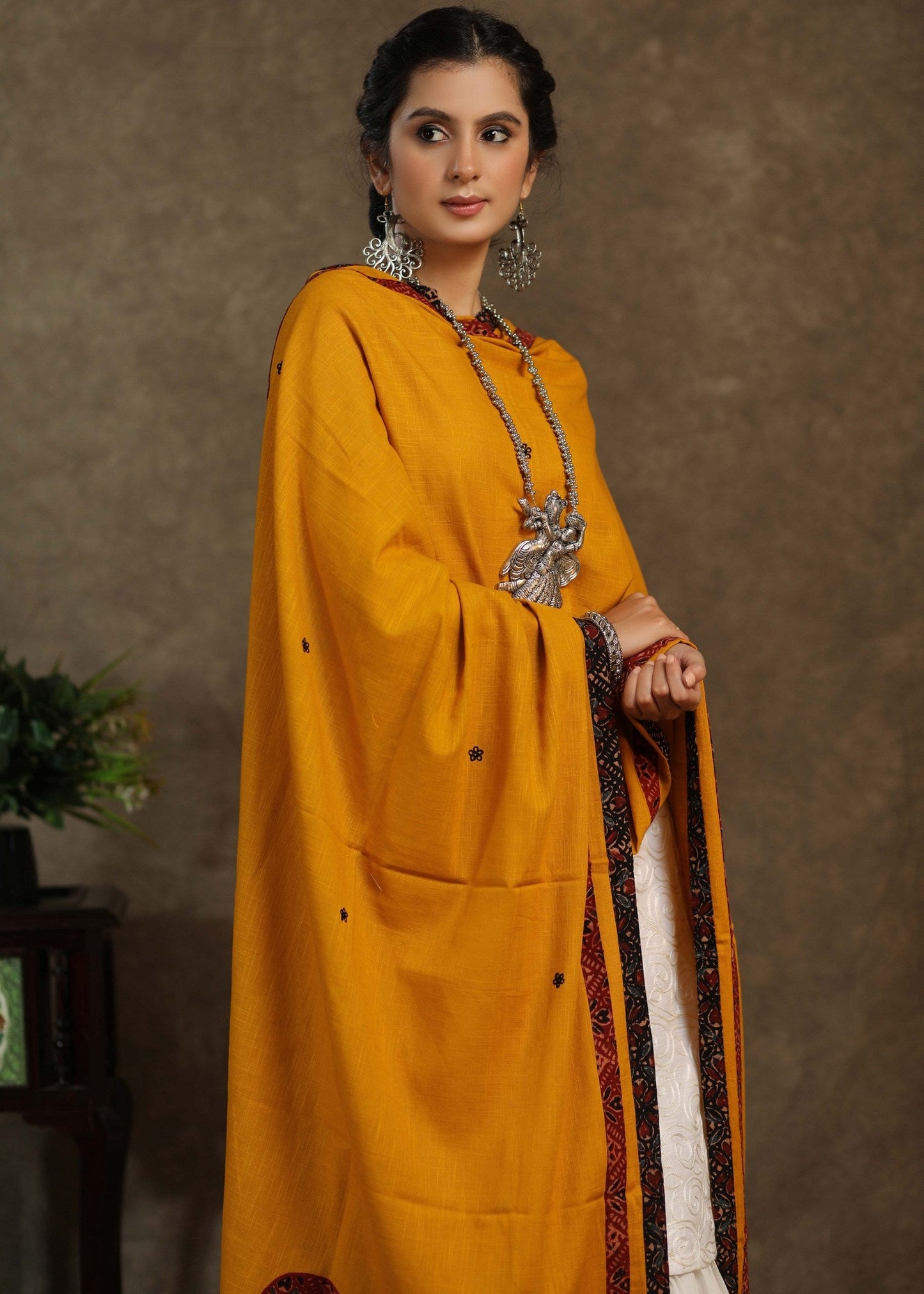 Beautiful mustard dupatta with Ajrakh elephant Applica work