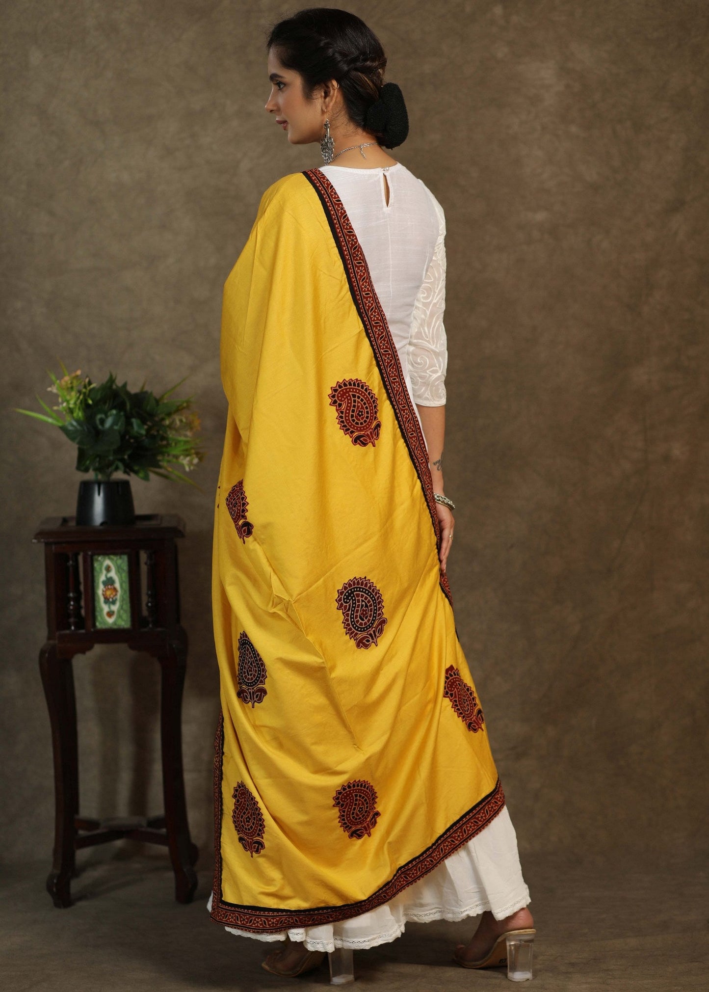 Yellow semi silk dupatta with elegant Ajrakh combination