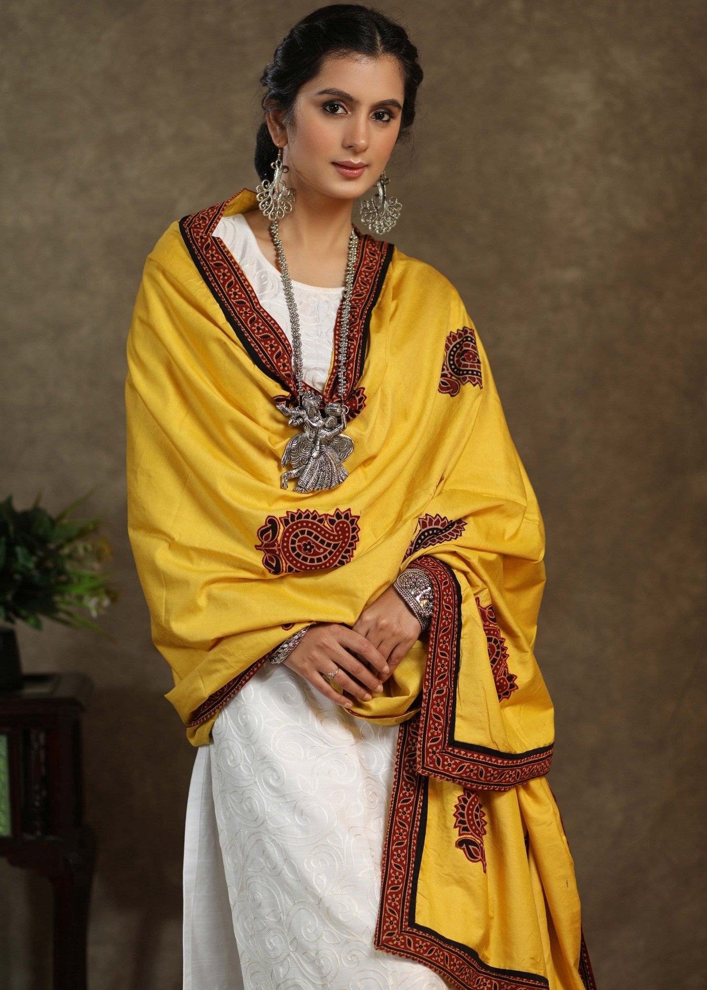 Yellow semi silk dupatta with elegant Ajrakh combination