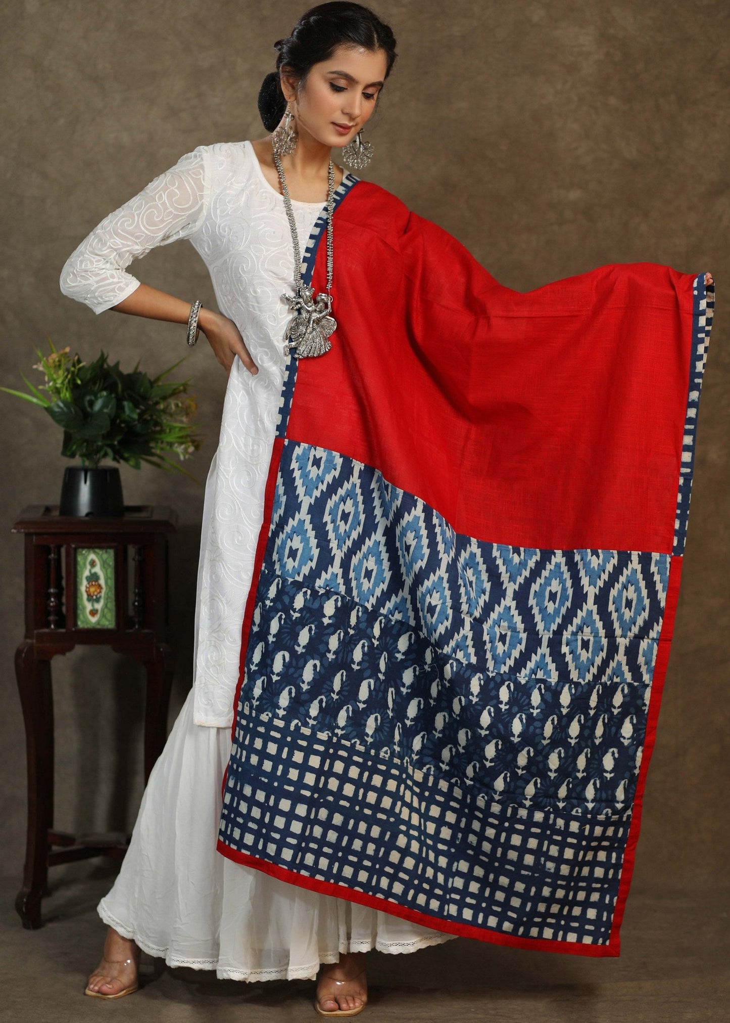 Exclusive red cotton dupatta with Indigo combination