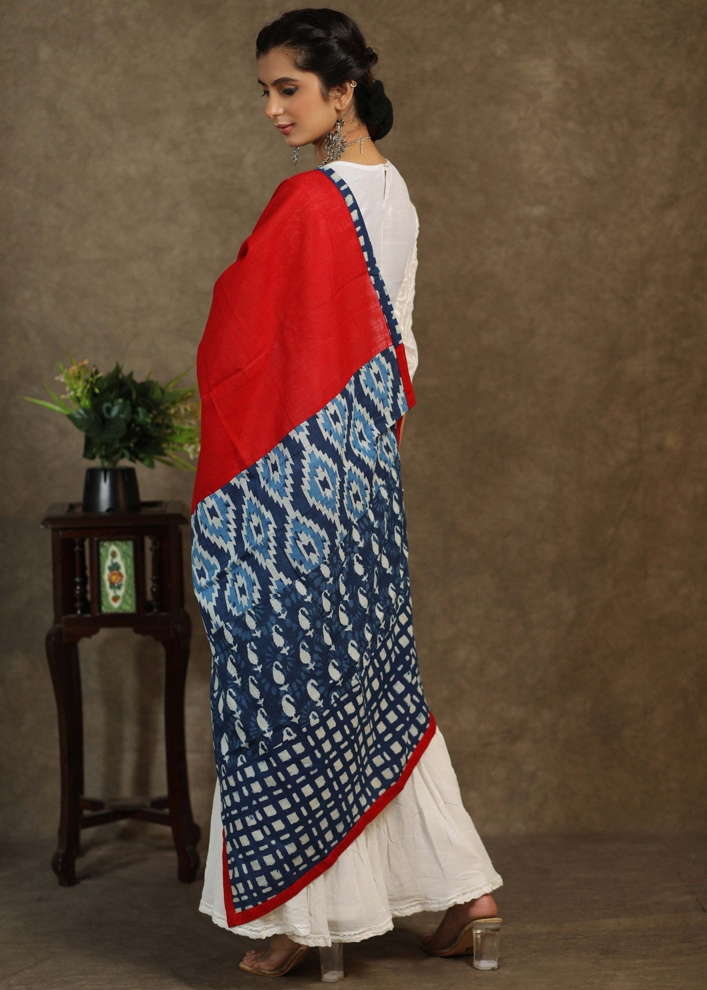 Exclusive red cotton dupatta with Indigo combination