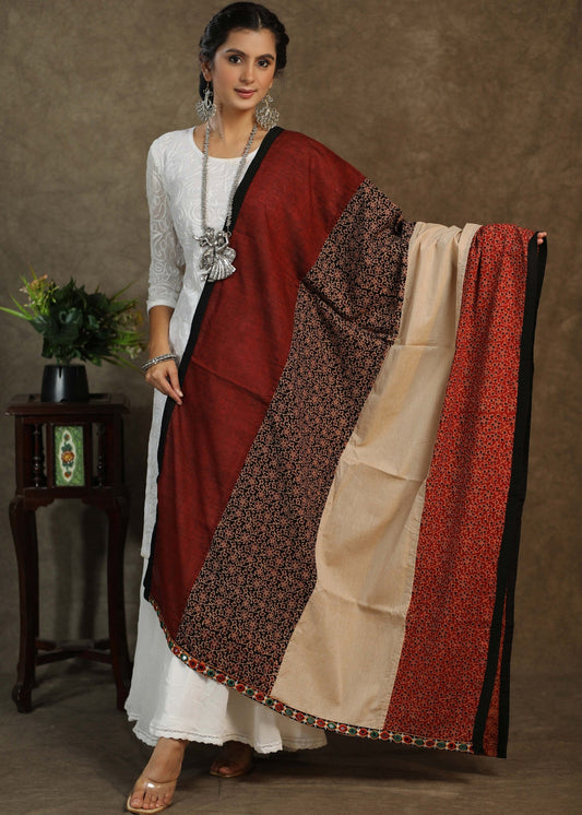 Elegant cotton dupatta with Ajrakh combination and mirror work border