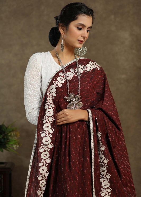 Red and black Ikkat combination dupatta with intricate embroidery