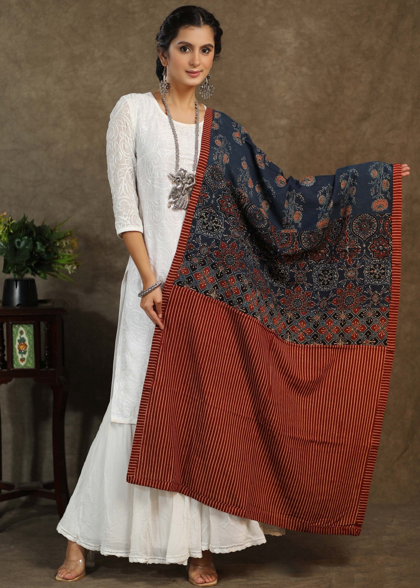 Exclusive maroon lines cotton dupatta with blue Ajrakh combination