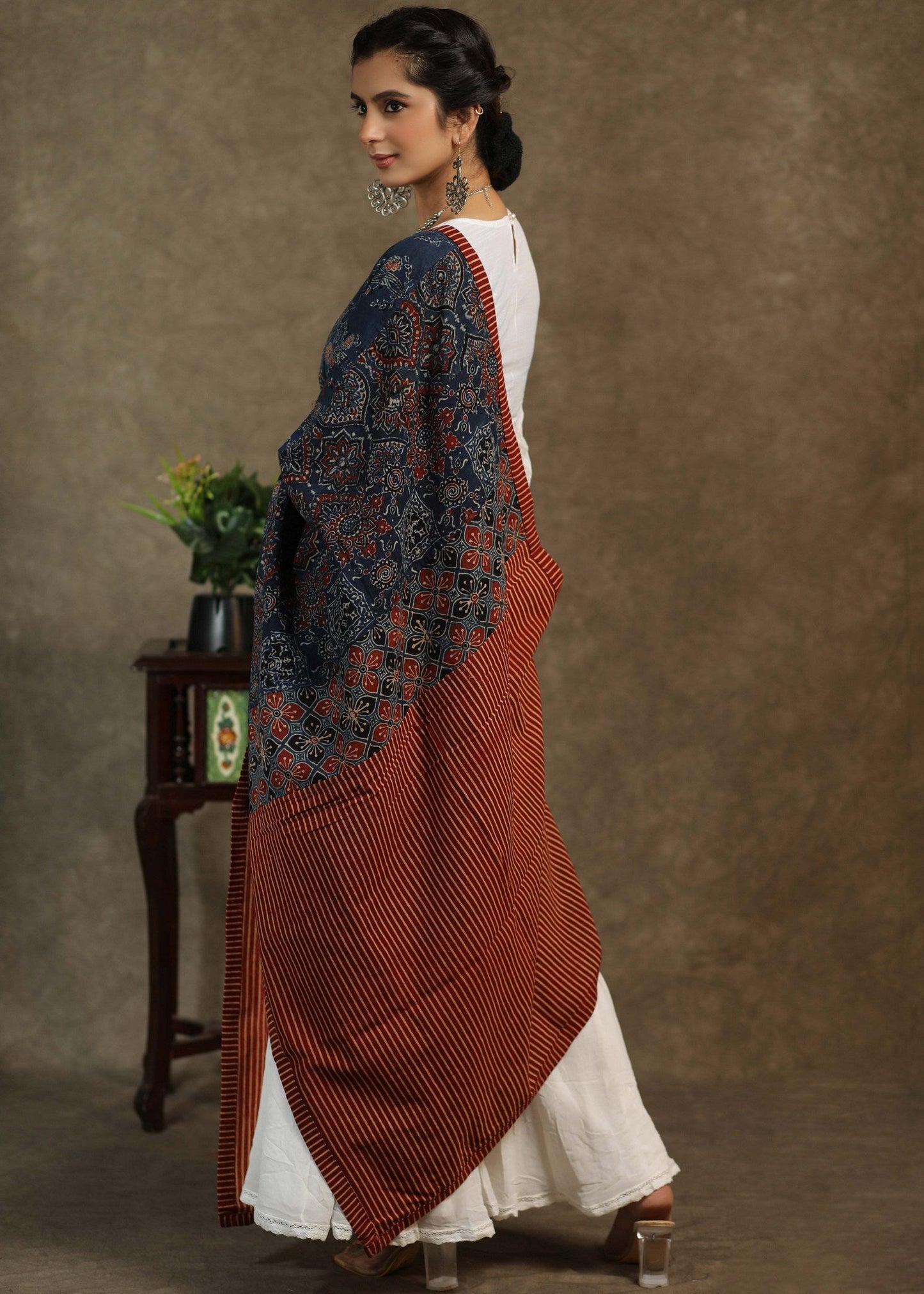 Exclusive maroon lines cotton dupatta with blue Ajrakh combination