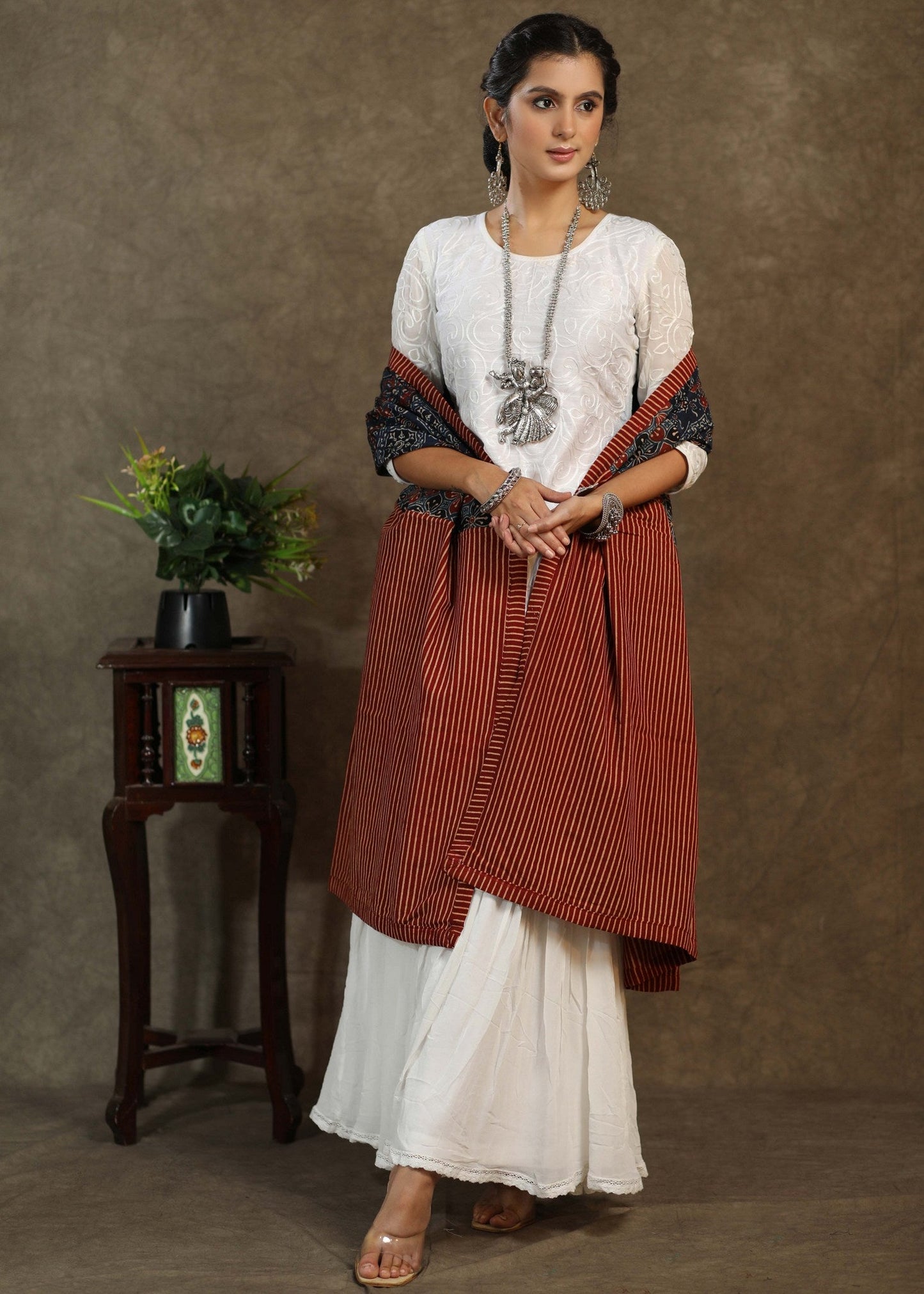 Exclusive maroon lines cotton dupatta with blue Ajrakh combination