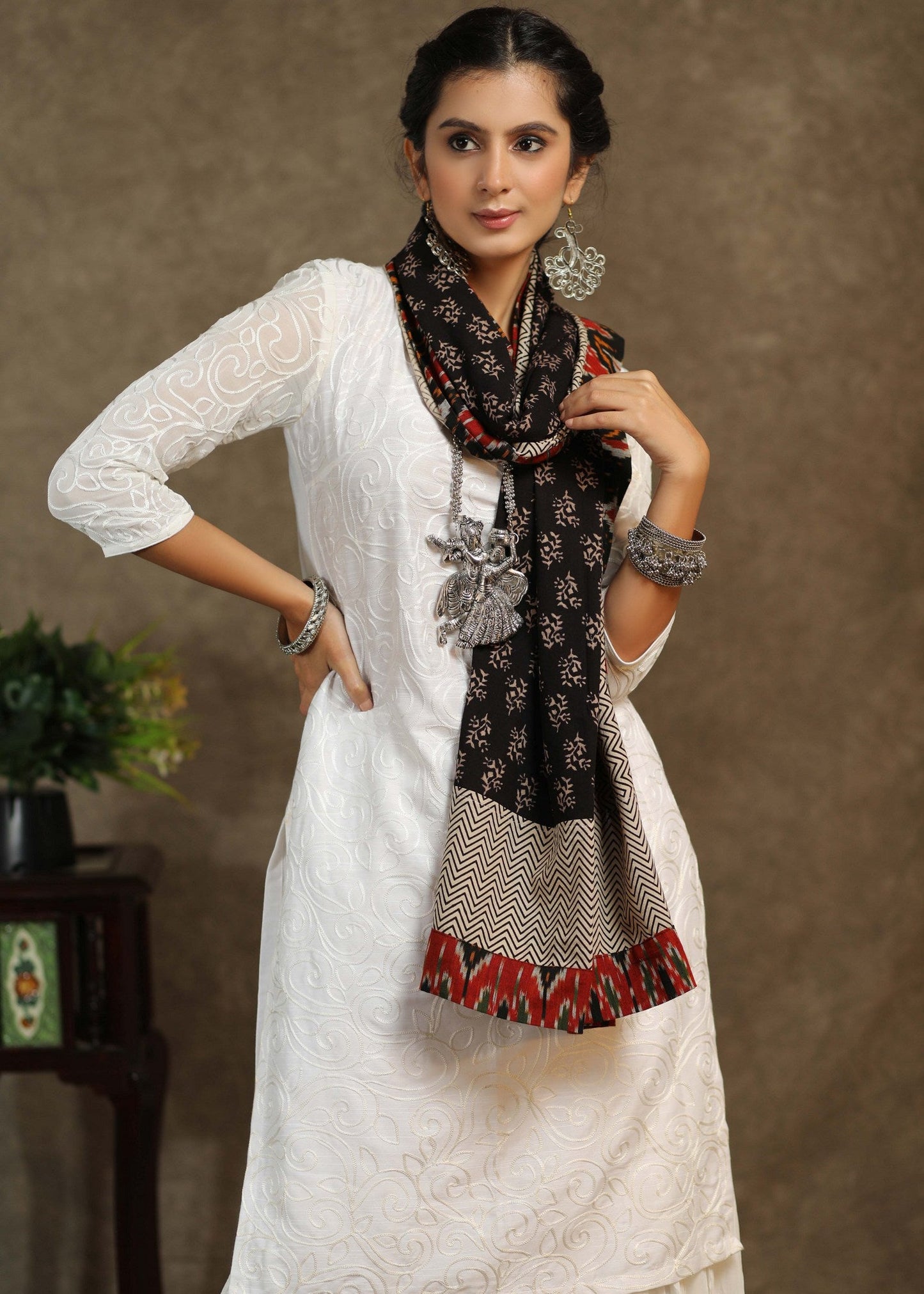 Beautiful black Ajrakh dupatta with multicolor Ikkat border