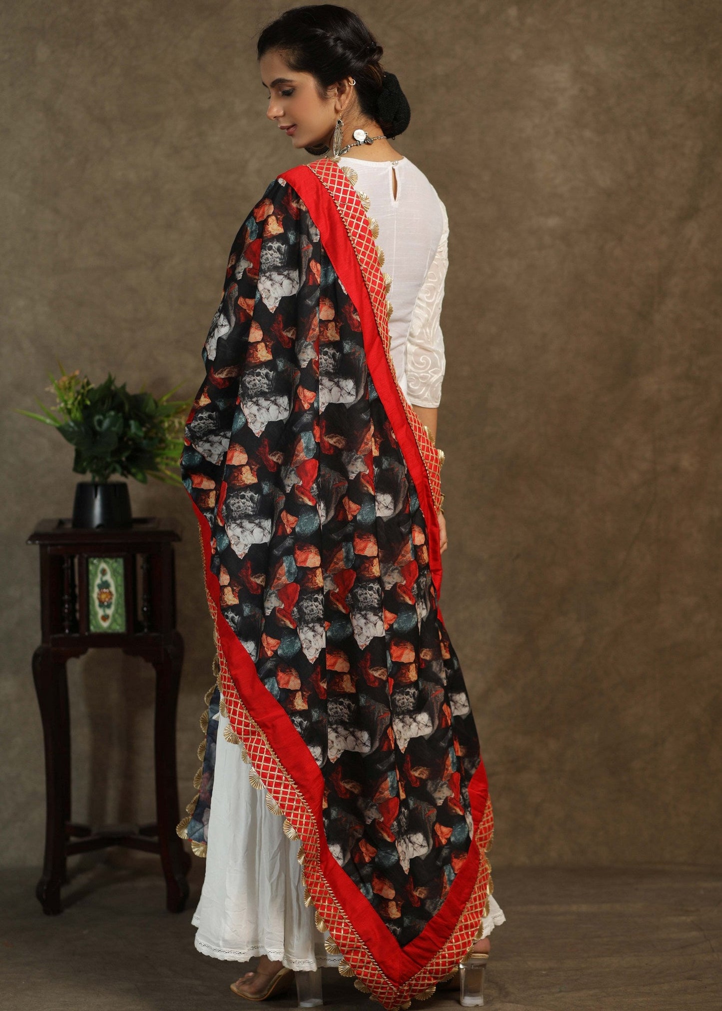 Printed red dupatta with exclusive gota-patti lace