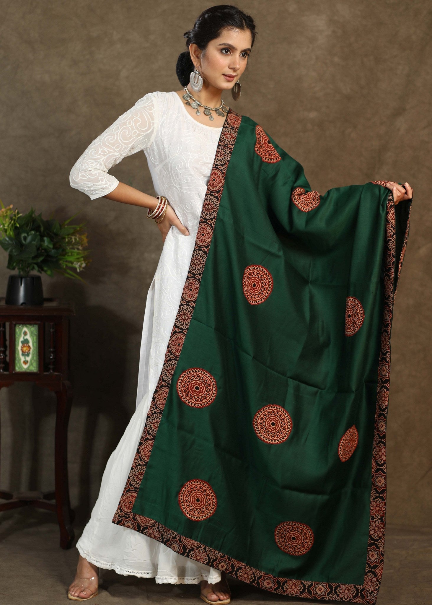 Bottle green satin dupatta with ajrakh Applic work