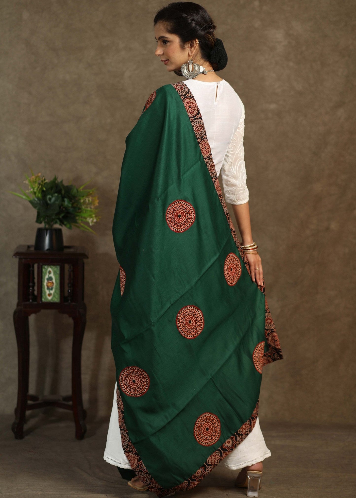 Bottle green satin dupatta with ajrakh Applic work