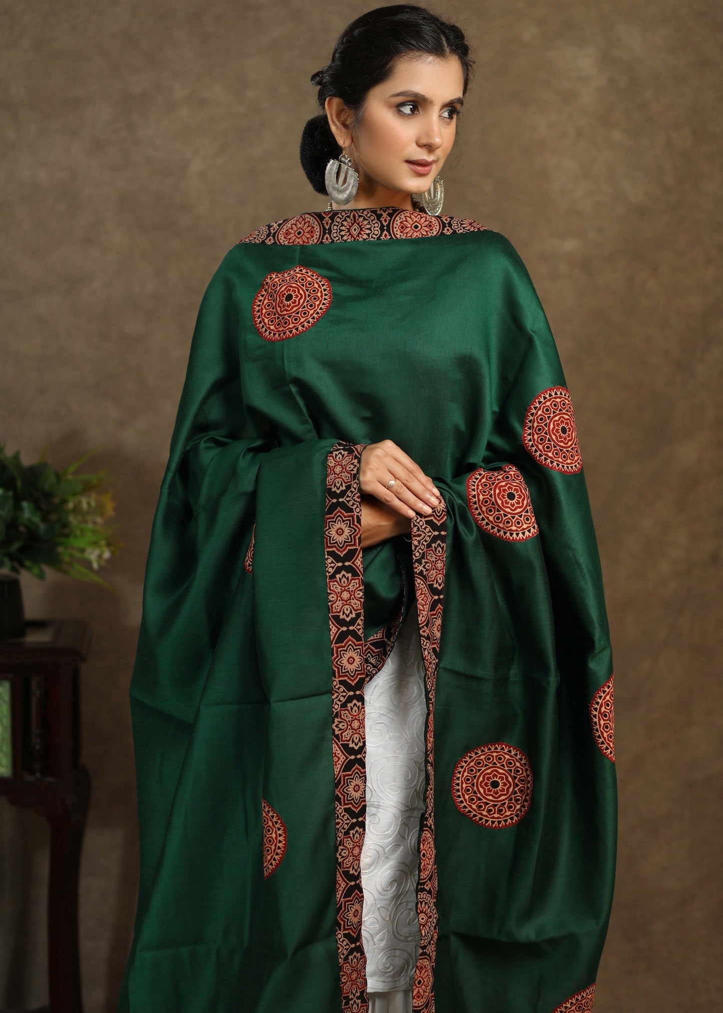 Bottle green satin dupatta with ajrakh Applic work