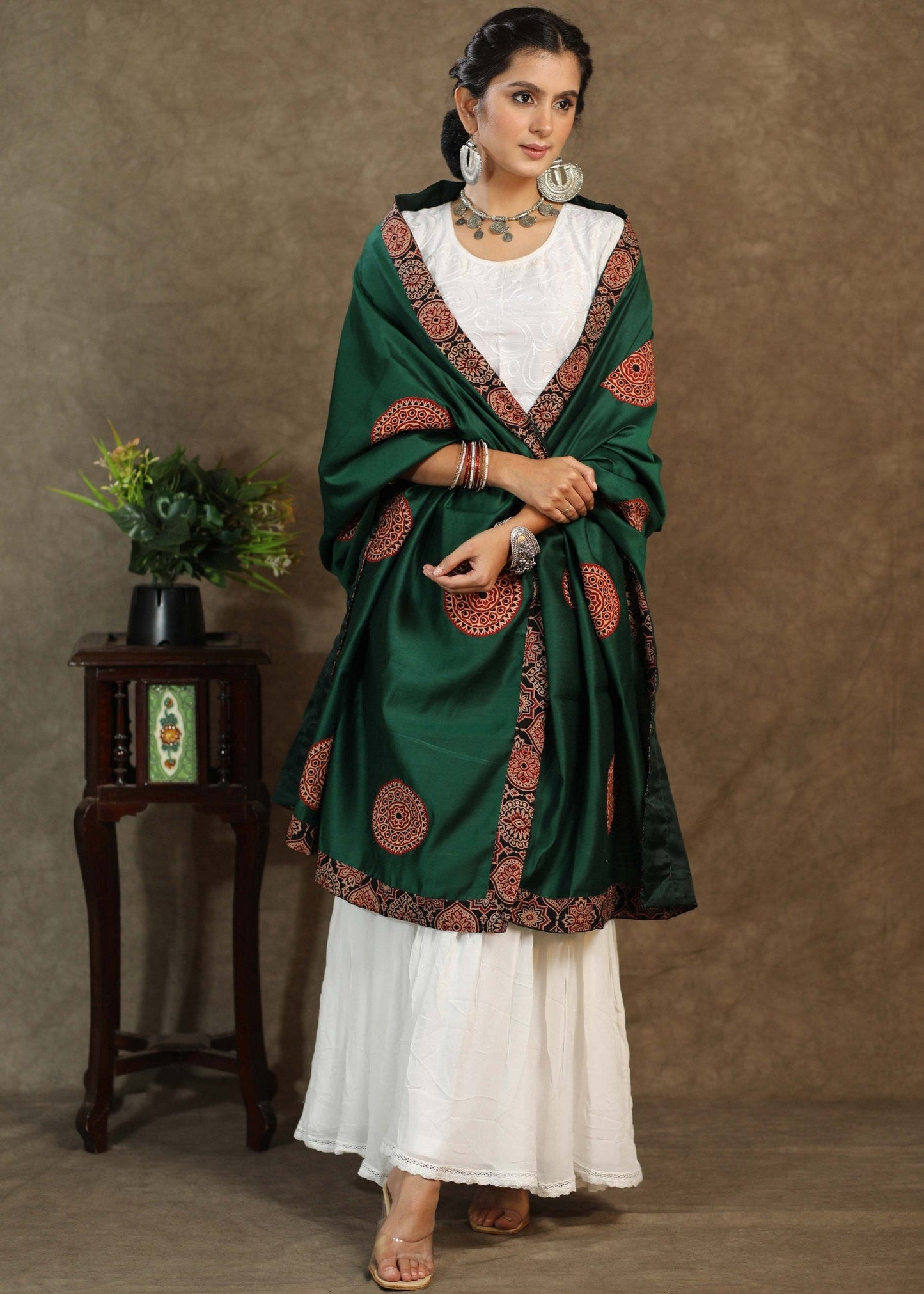 Bottle green satin dupatta with ajrakh Applic work