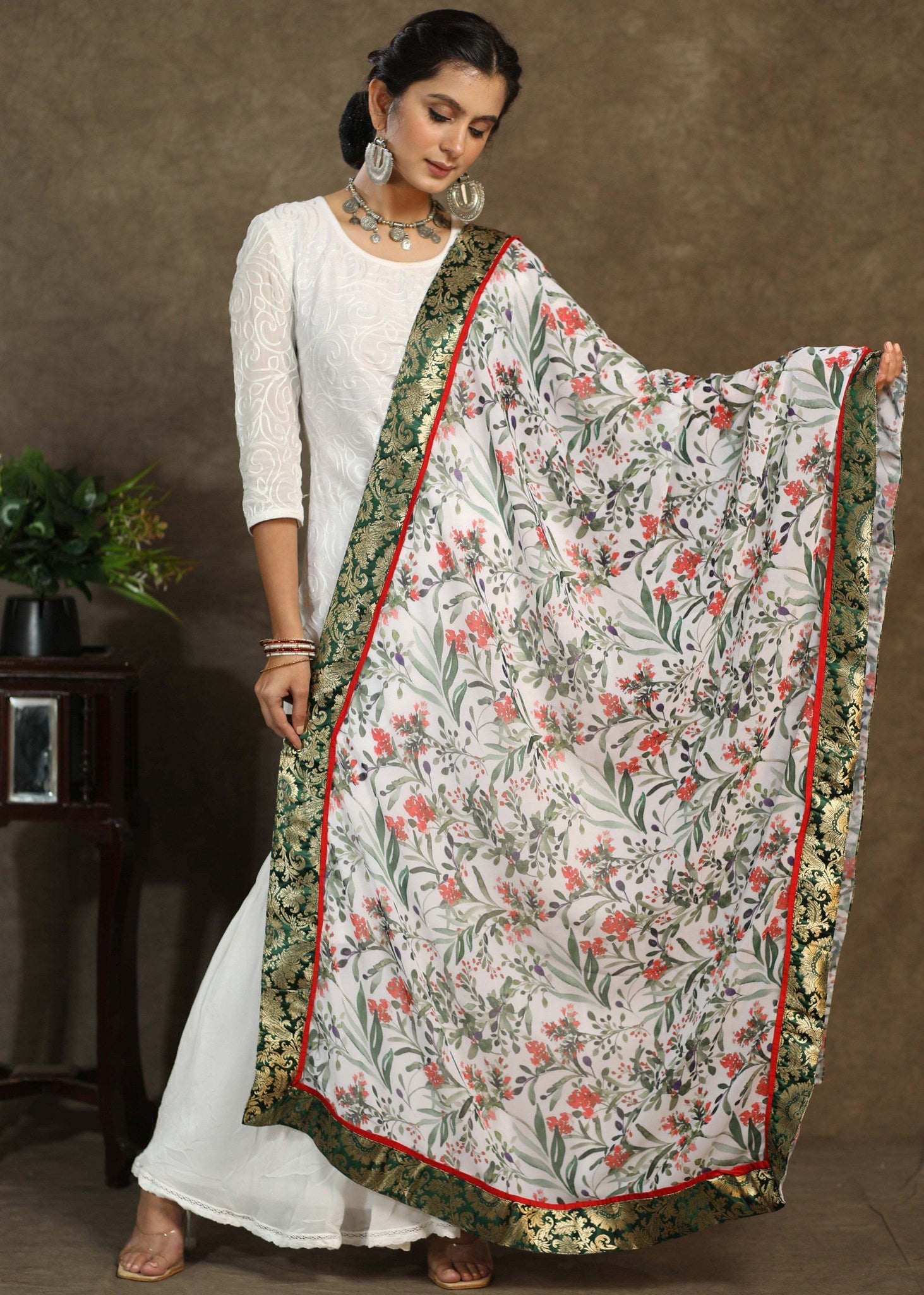 White print dupatta with green Banarasi border