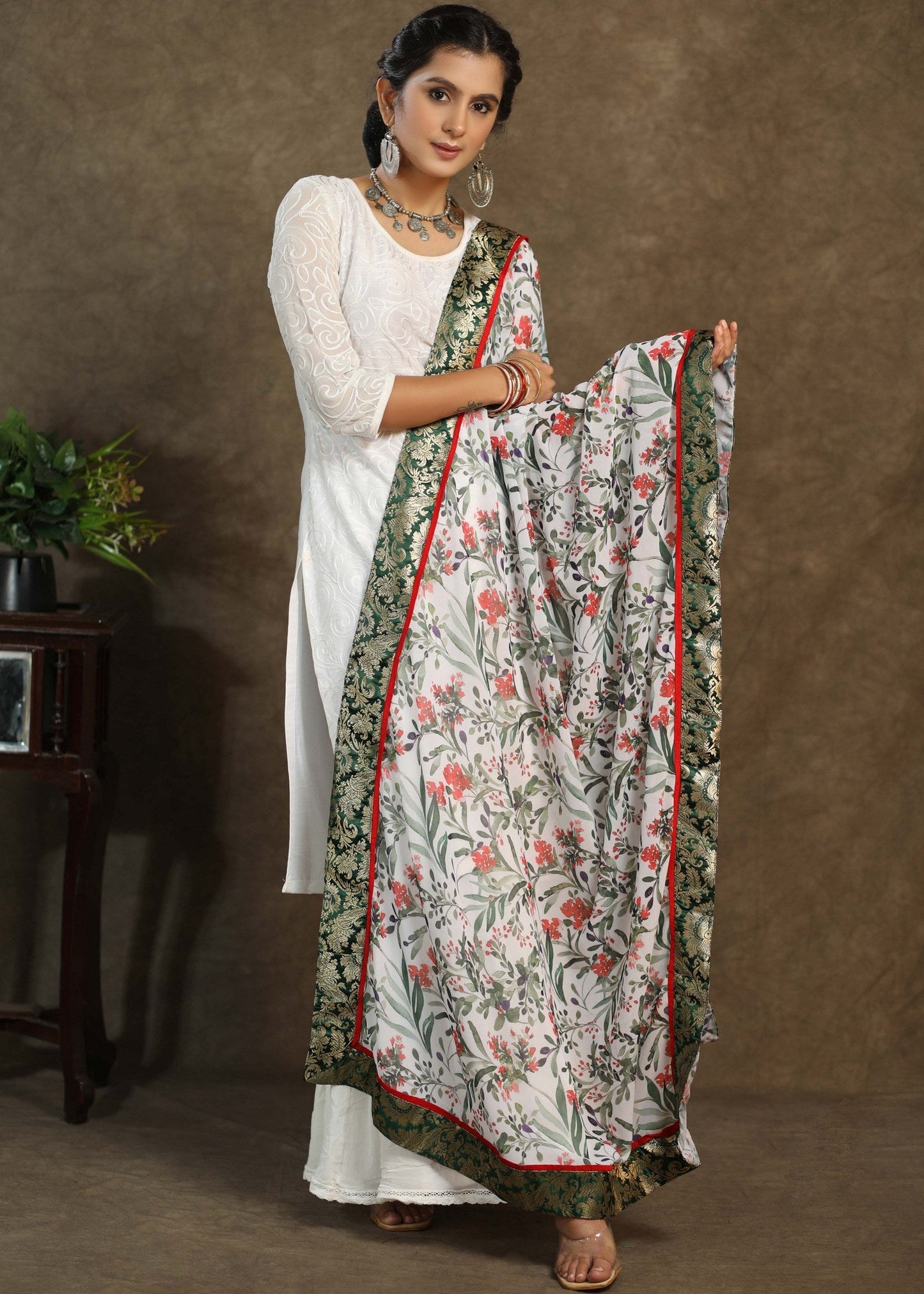 White print dupatta with green Banarasi border