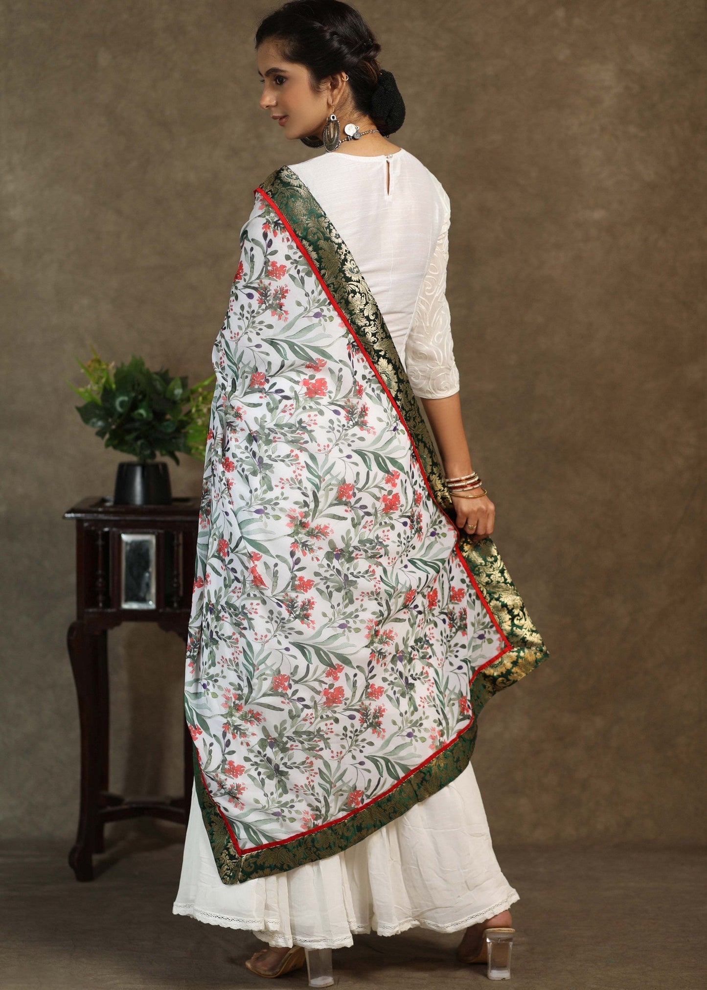 White print dupatta with green Banarasi border