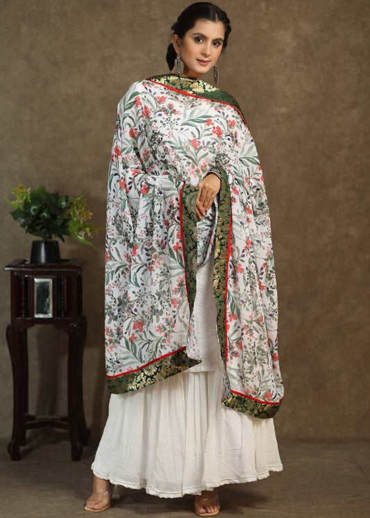 White print dupatta with green Banarasi border