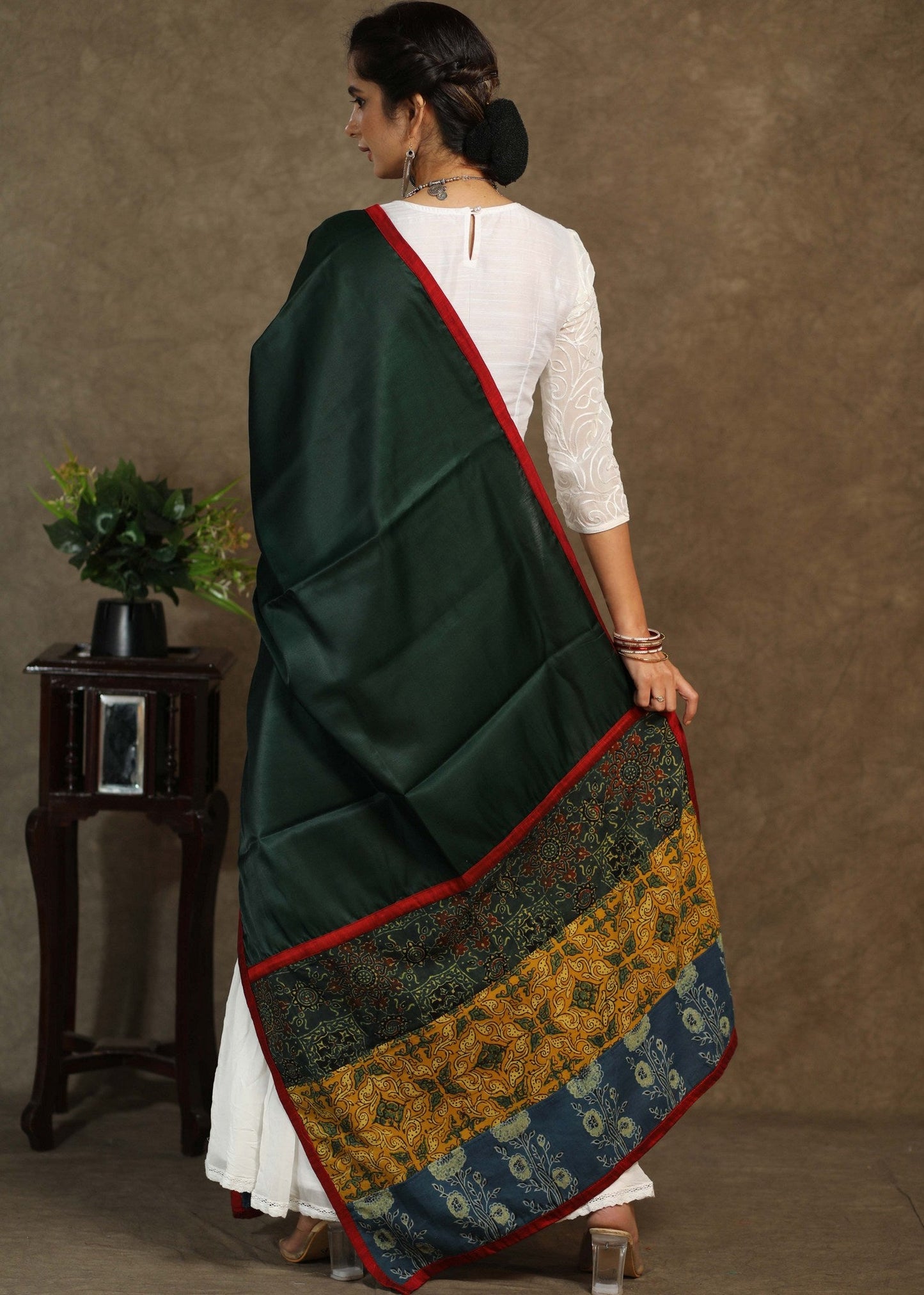 Satin green dupatta with exclusive Ajrakh combination