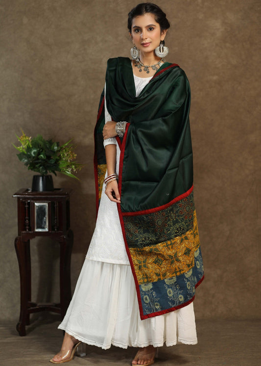 Satin green dupatta with exclusive Ajrakh combination