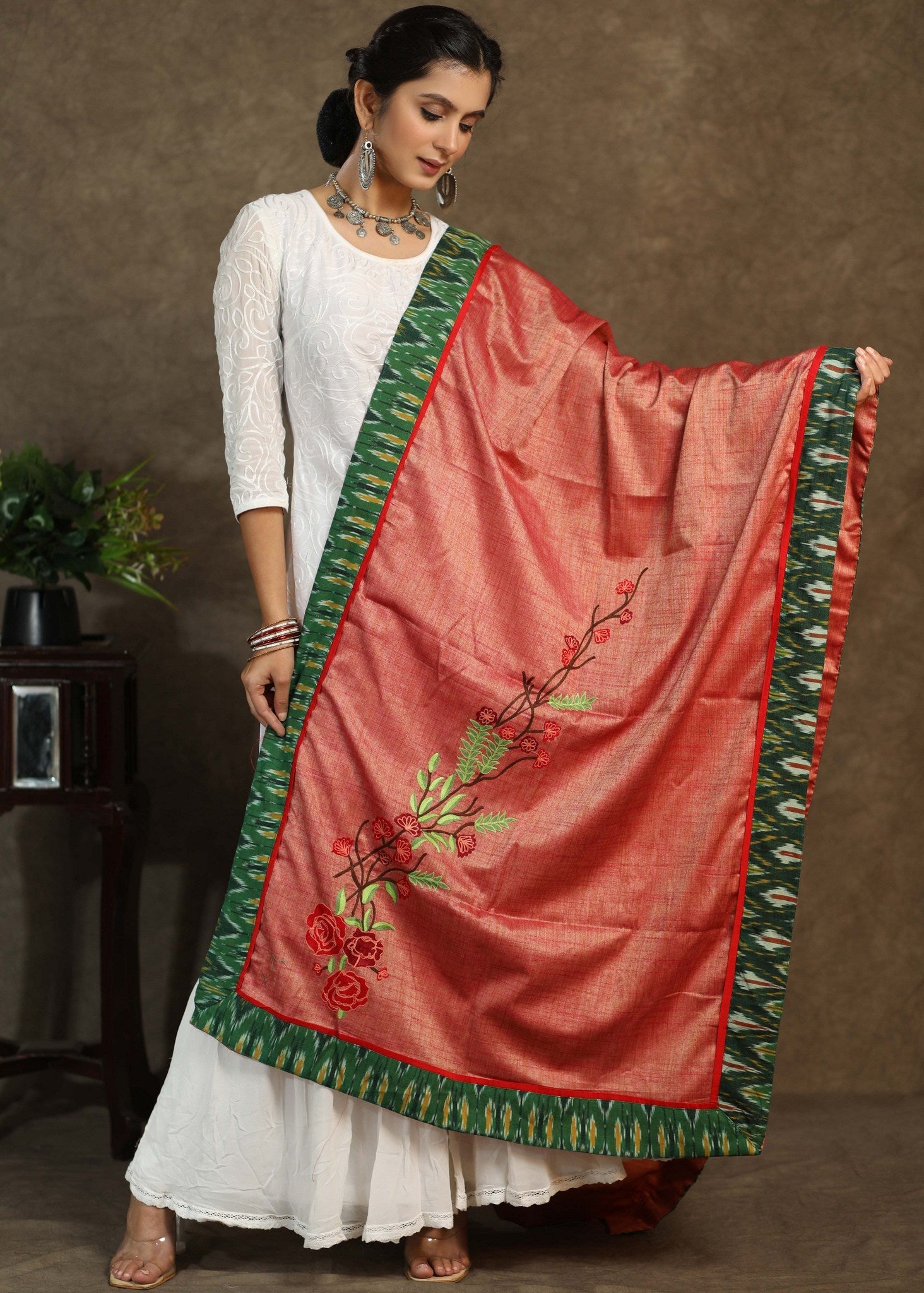 Semi-silk pink dupatta with delicate embroidery and green Ikkat border