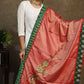 Semi-silk pink dupatta with delicate embroidery and green Ikkat border