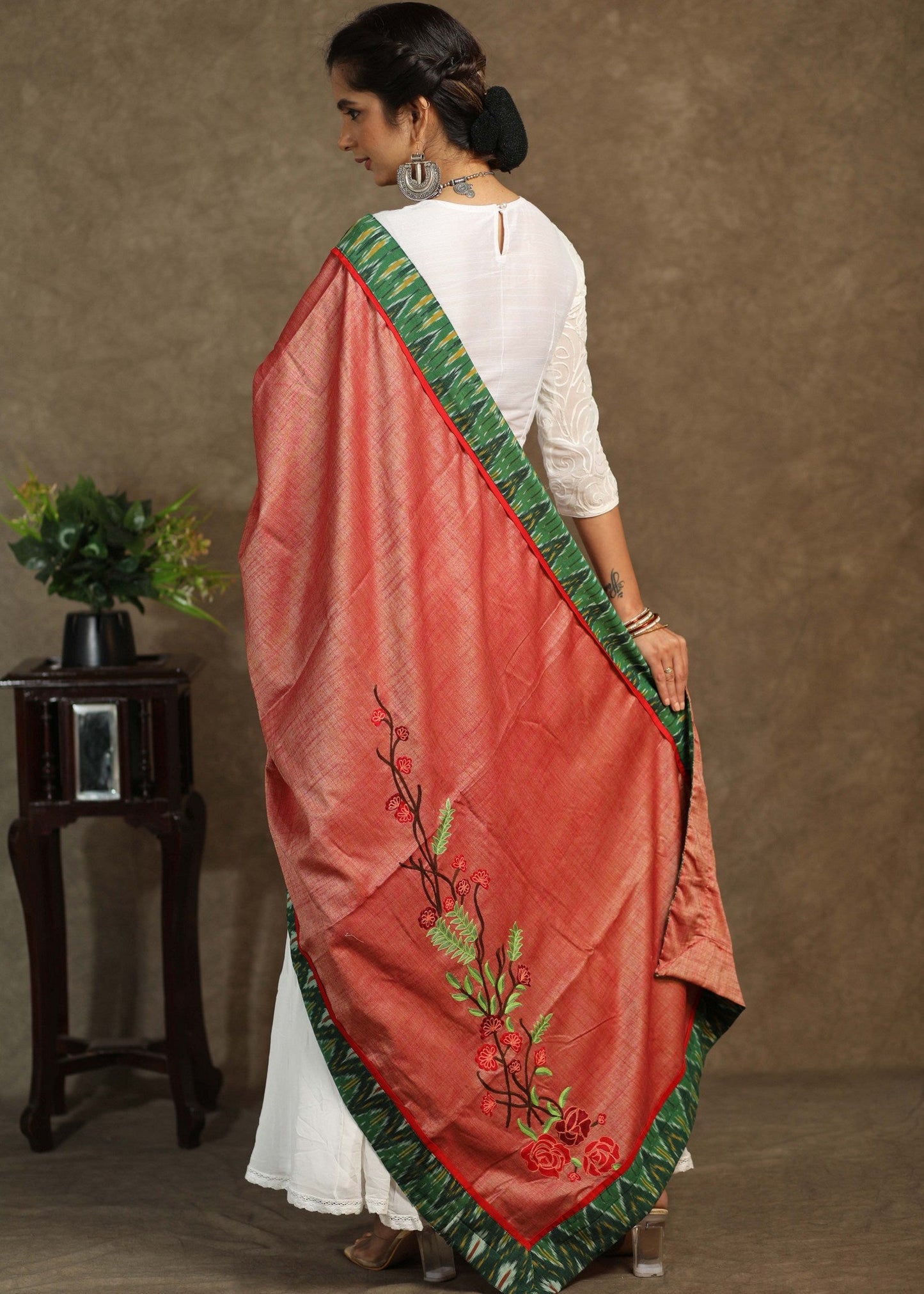 Semi-silk pink dupatta with delicate embroidery and green Ikkat border