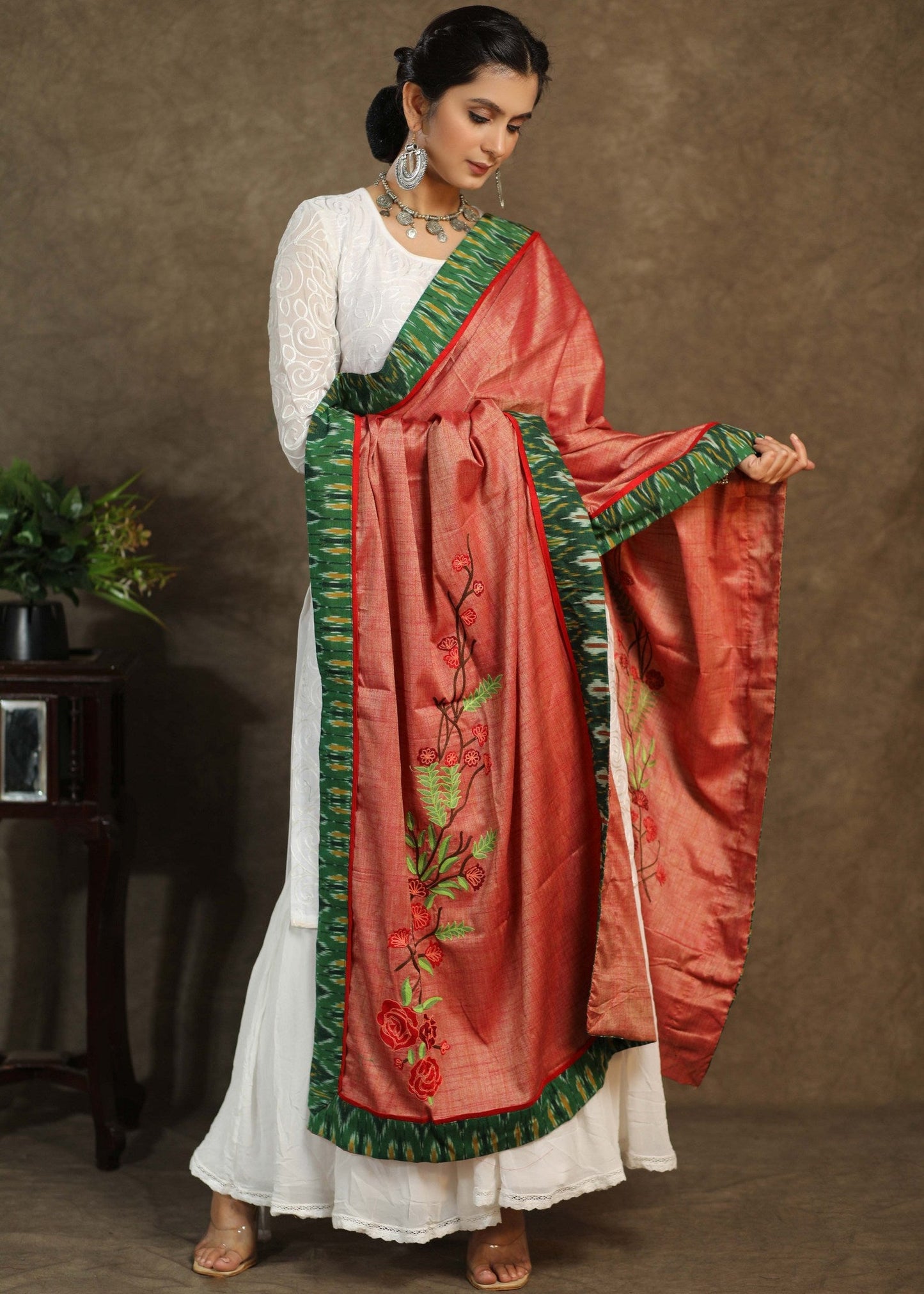 Semi-silk pink dupatta with delicate embroidery and green Ikkat border