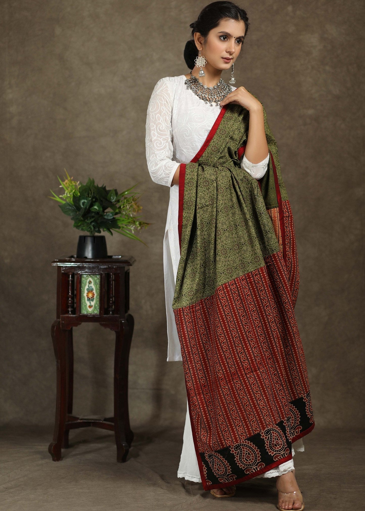 Green and red combination Ajrakh dupatta