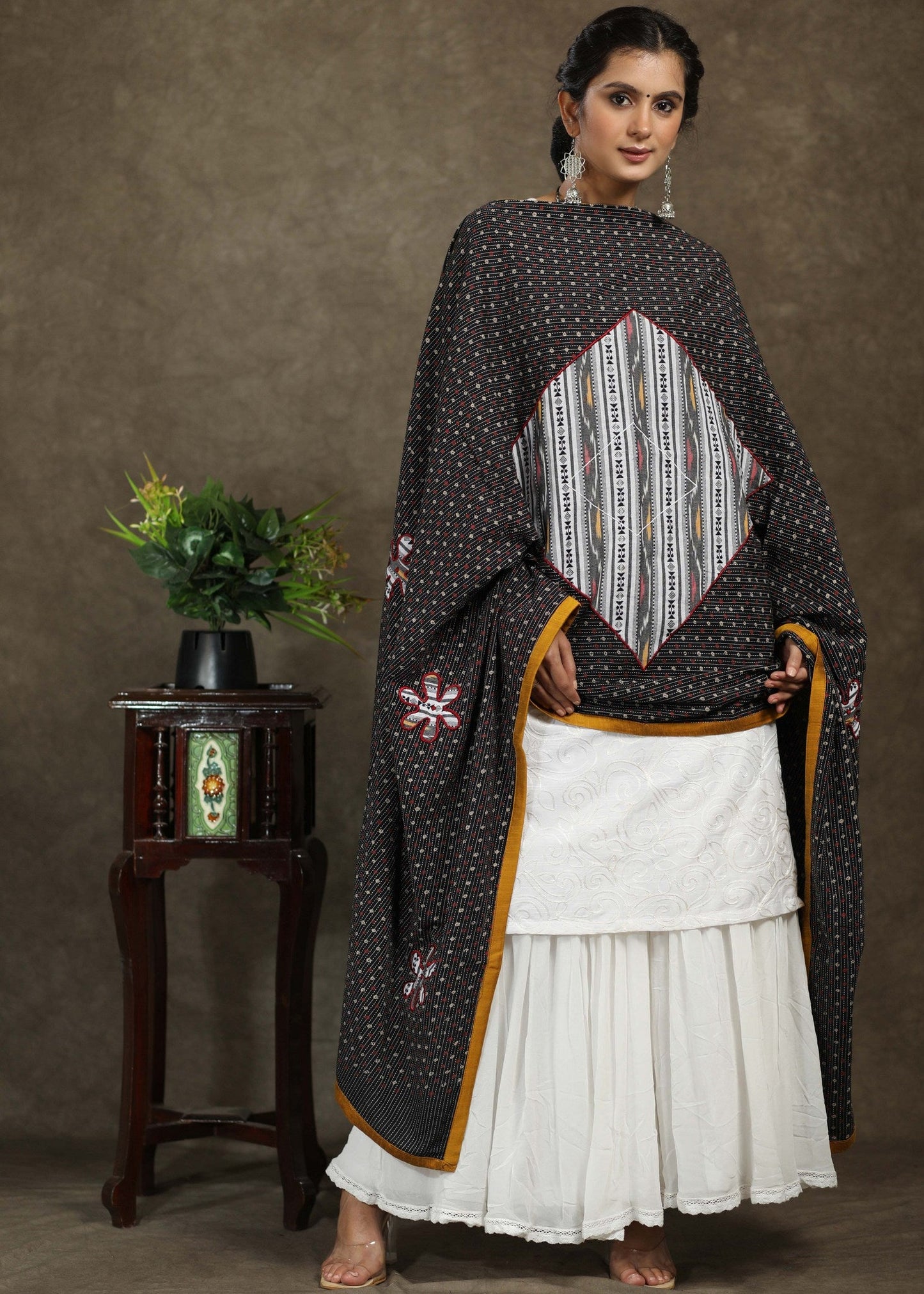 Black Ajrakh dupatta with white flower Applic