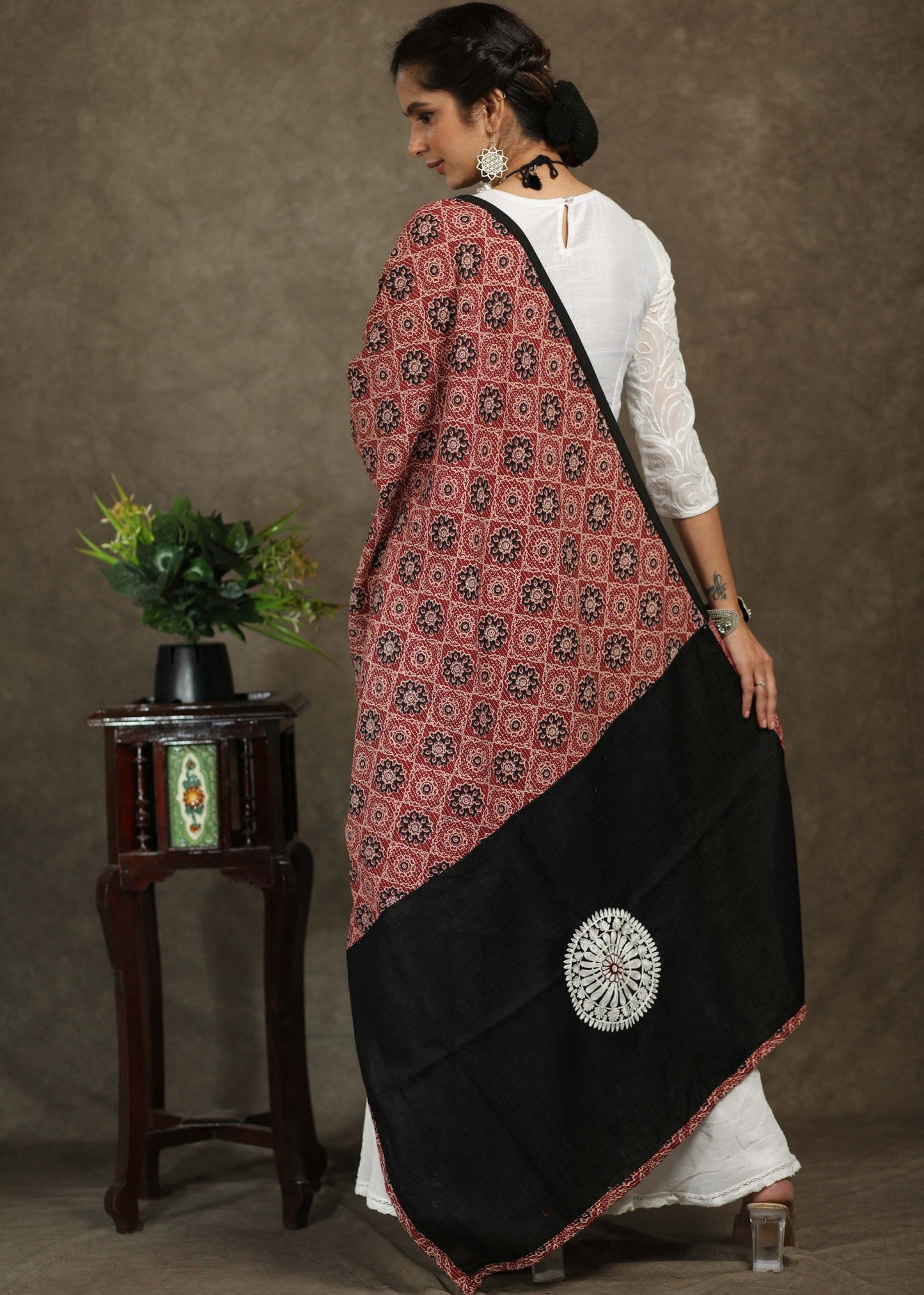 Maroon Ajrakh combination dupatta with elegant embroidery