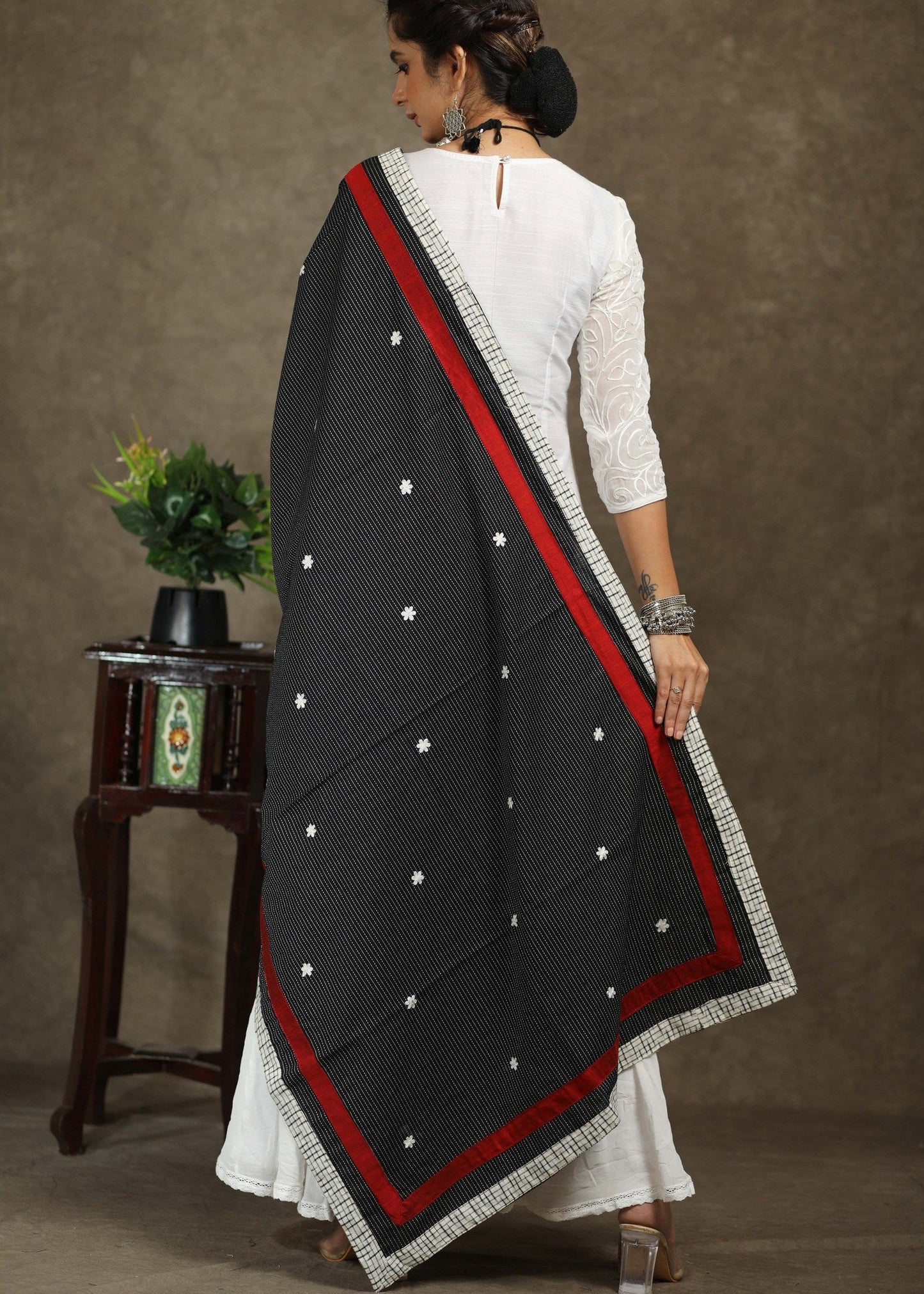 Black Ajrakh dupatta with delicate embroidery